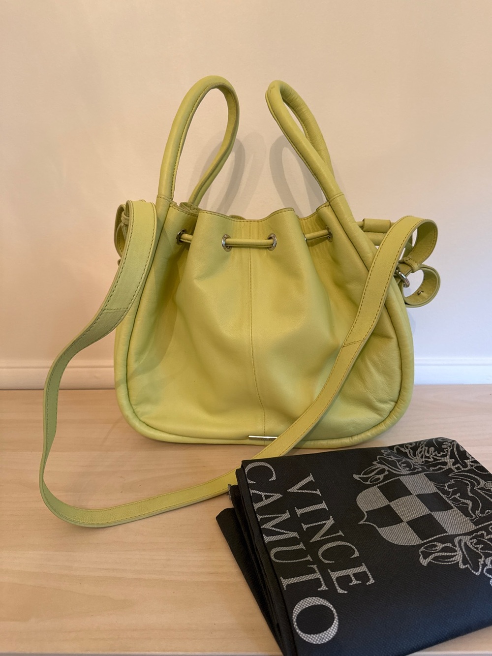 Vince Canuto Lime Green Drawstring Leather Shoulder Bag NWOT